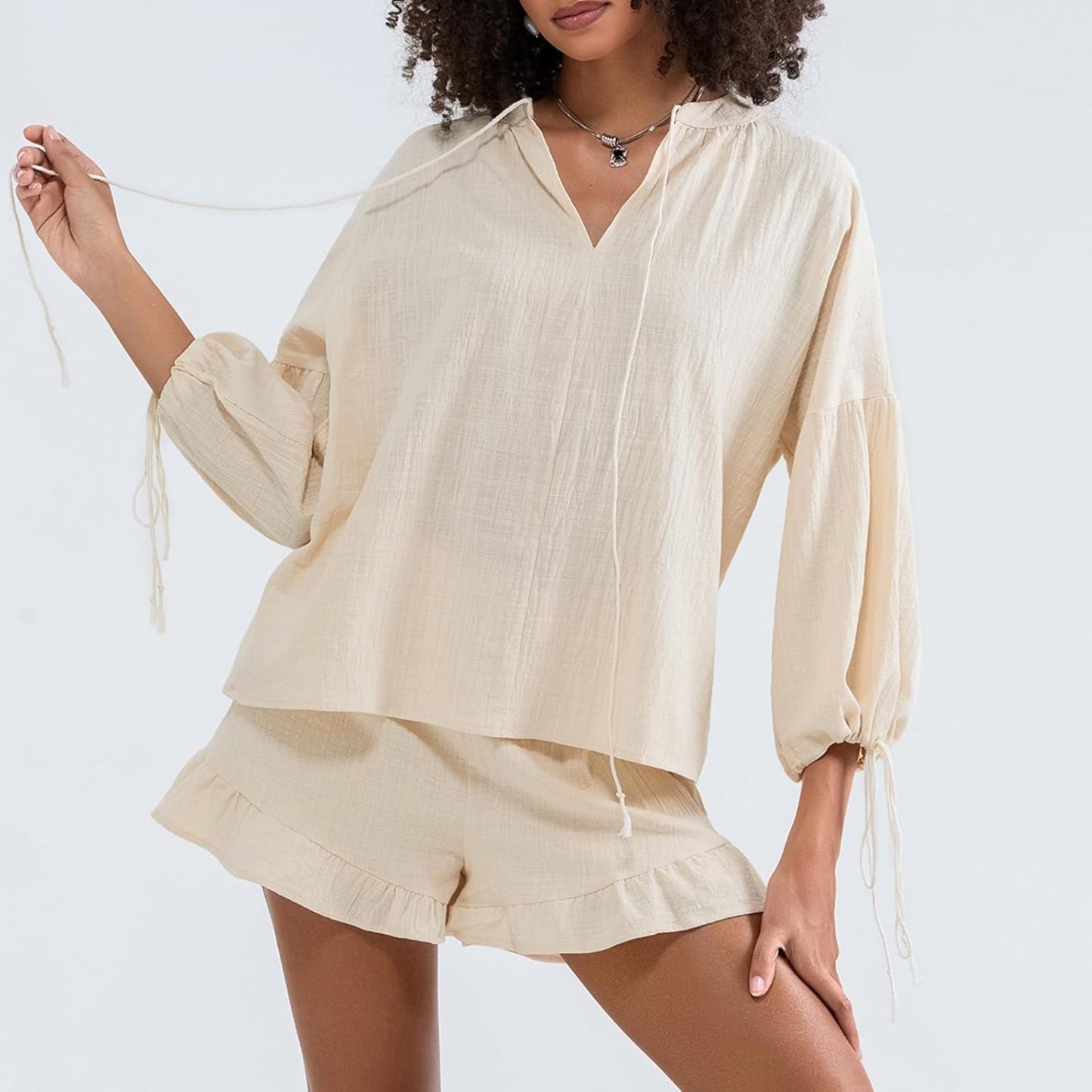 Linen Shorts Sets Women 2 Piece Outfits Long Sleeve Tie Front Tops and Ruffled Boxer Shorts Matching Lounge Sets
