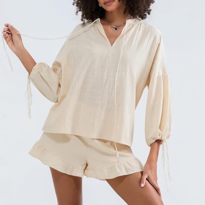 Linen Shorts Sets Women 2 Piece Outfits Long Sleeve Tie Front Tops and Ruffled Boxer Shorts Matching Lounge Sets