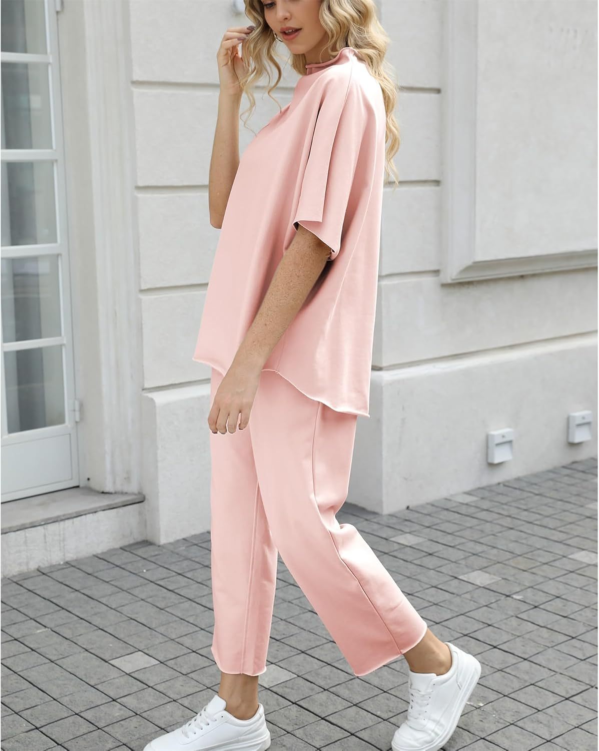 Women's Two Piece Outfits 3/4 Batwing Sleeve Capelet Crew Neck Pullover Top Wide Leg Pants Lounge Set