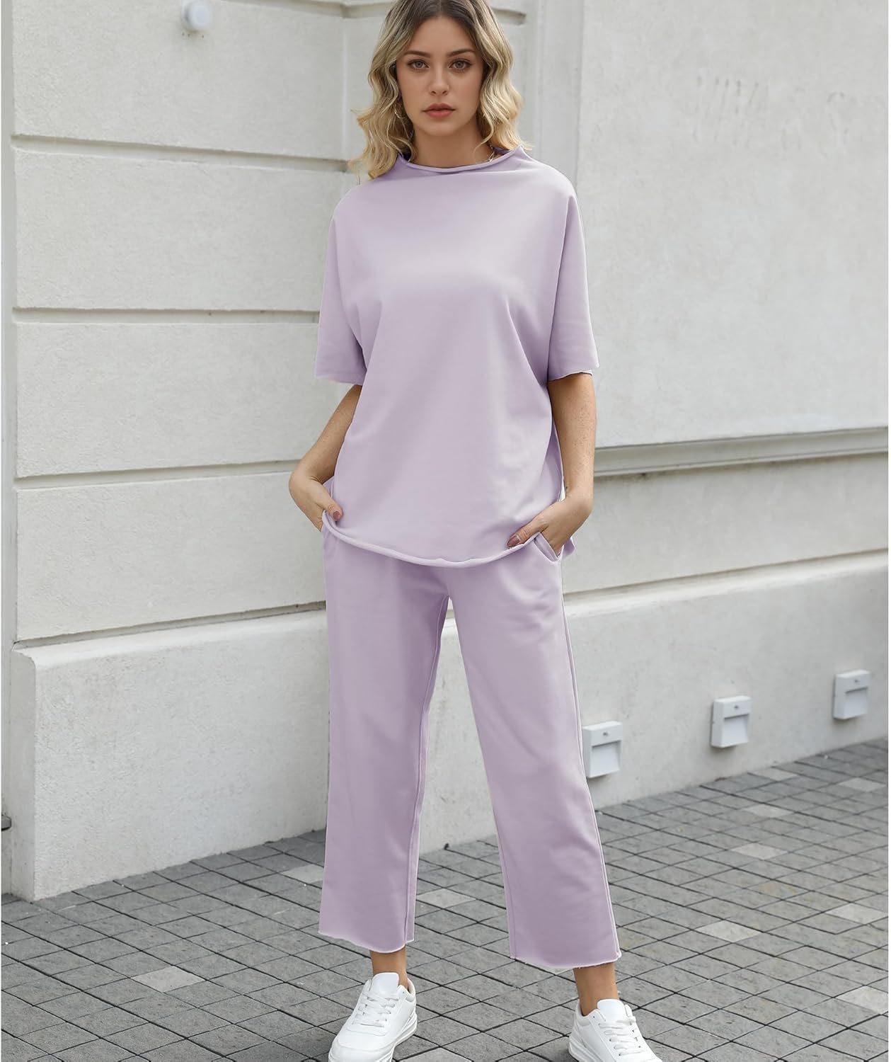 Women's Two Piece Outfits 3/4 Batwing Sleeve Capelet Crew Neck Pullover Top Wide Leg Pants Lounge Set