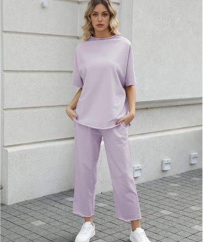 Women's Two Piece Outfits 3/4 Batwing Sleeve Capelet Crew Neck Pullover Top Wide Leg Pants Lounge Set