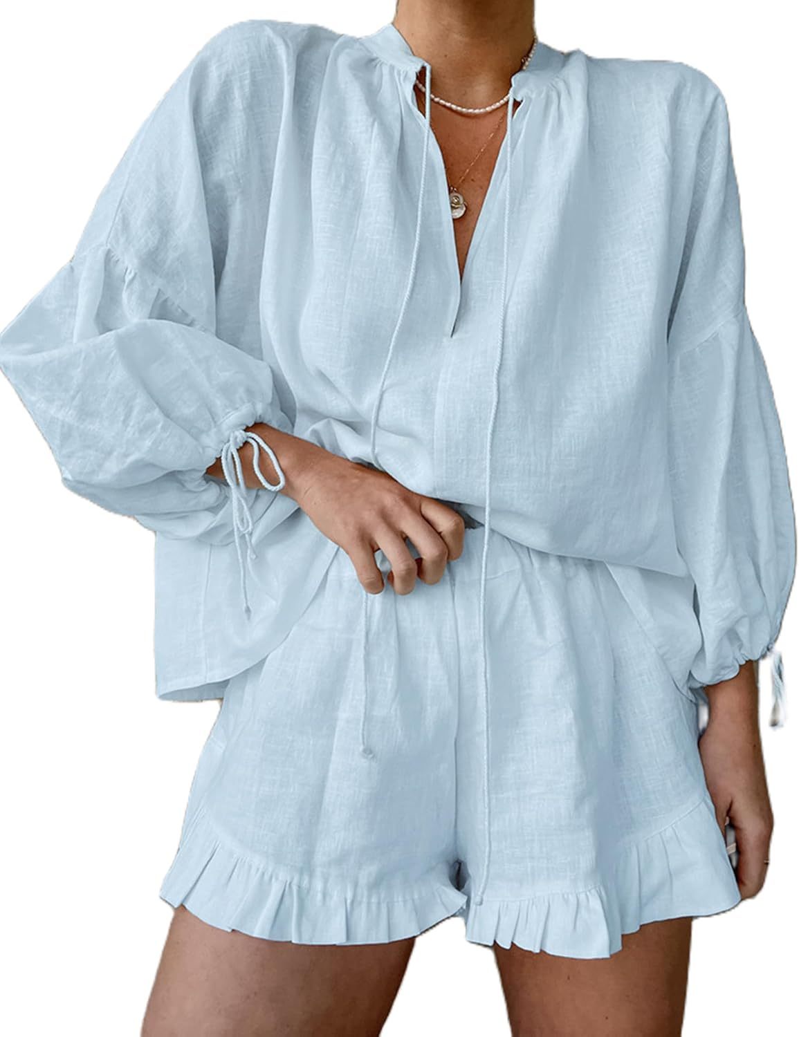 Linen Shorts Sets Women 2 Piece Outfits Long Sleeve Tie Front Tops and Ruffled Boxer Shorts Matching Lounge Sets