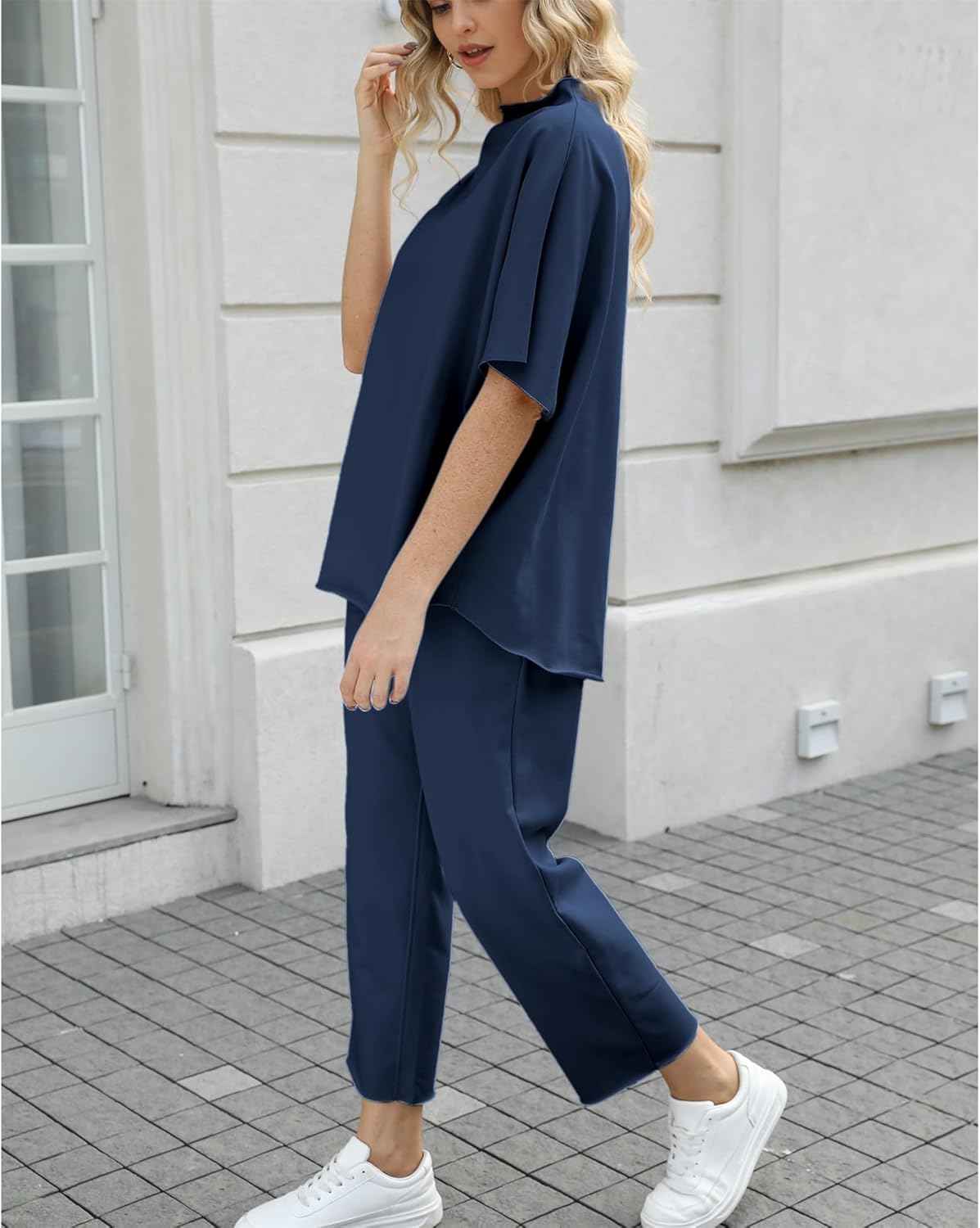 Women's Two Piece Outfits 3/4 Batwing Sleeve Capelet Crew Neck Pullover Top Wide Leg Pants Lounge Set