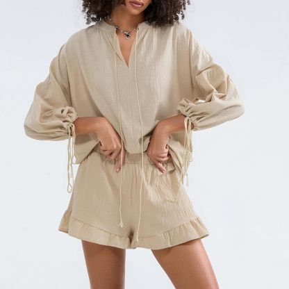 Linen Shorts Sets Women 2 Piece Outfits Long Sleeve Tie Front Tops and Ruffled Boxer Shorts Matching Lounge Sets