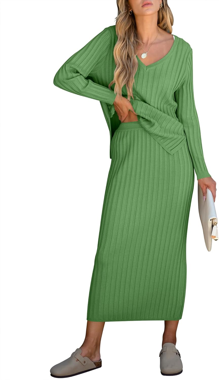 ??Christmas Clearance??Women's Long Sleeve V Neck Ribbed Knit Dress Set