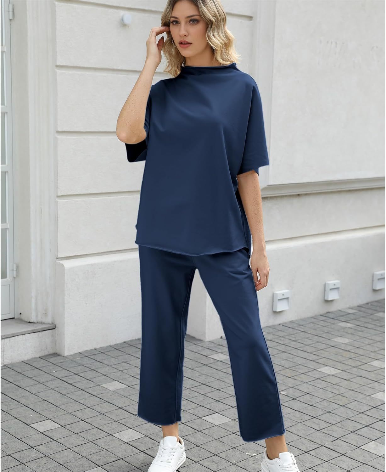 Women's Two Piece Outfits 3/4 Batwing Sleeve Capelet Crew Neck Pullover Top Wide Leg Pants Lounge Set