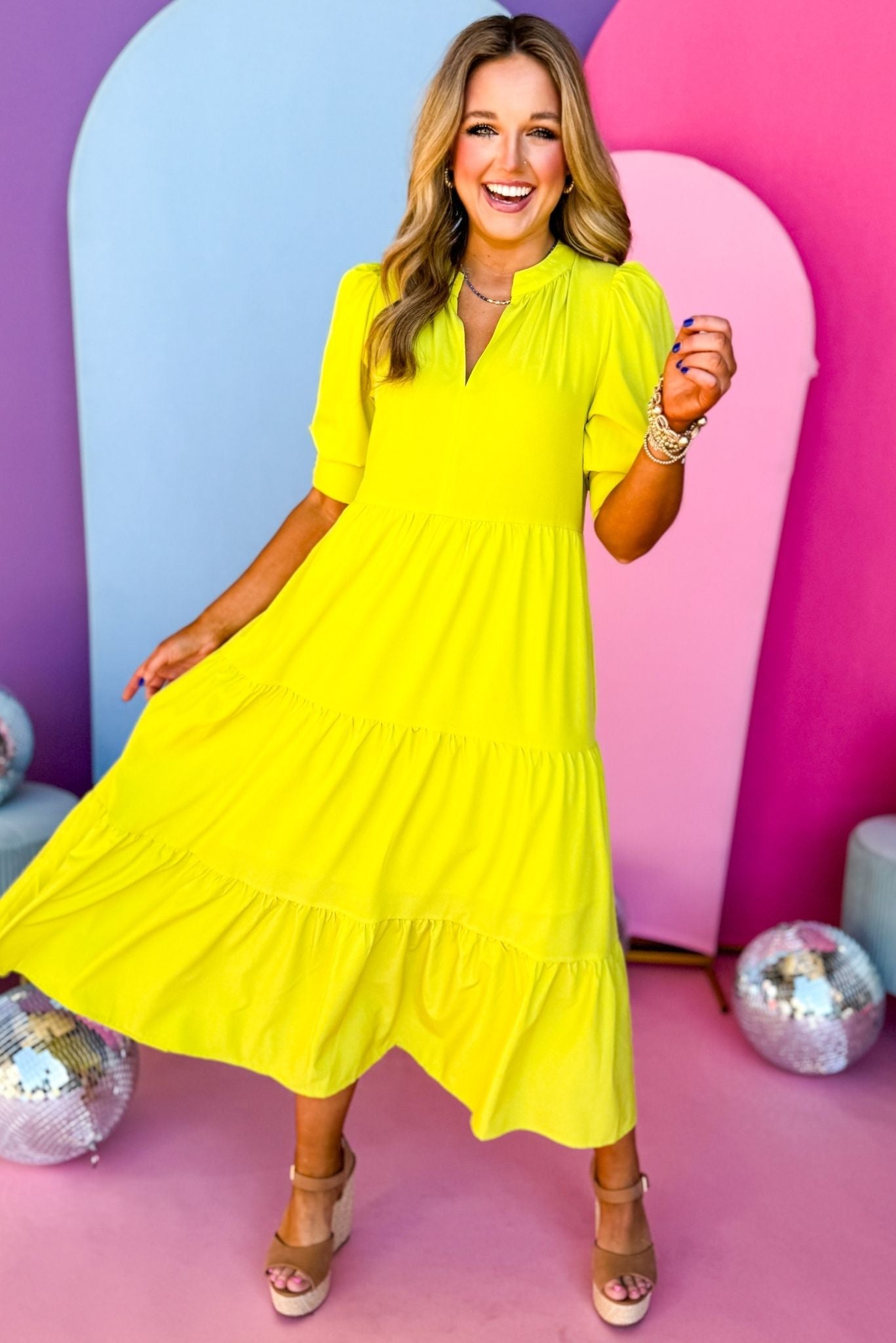 V-Nack Three Quarter Sleeve Tiered Midi Dress