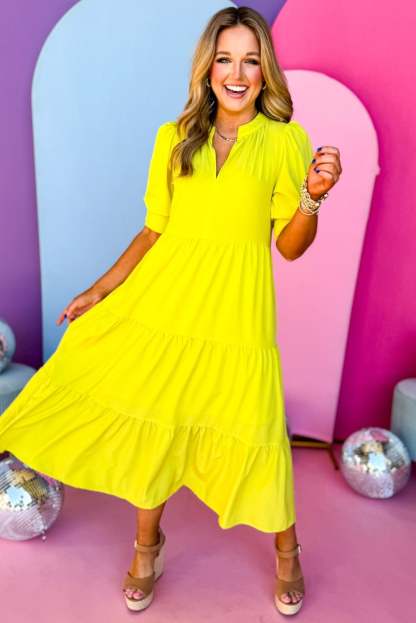V-Nack Three Quarter Sleeve Tiered Midi Dress