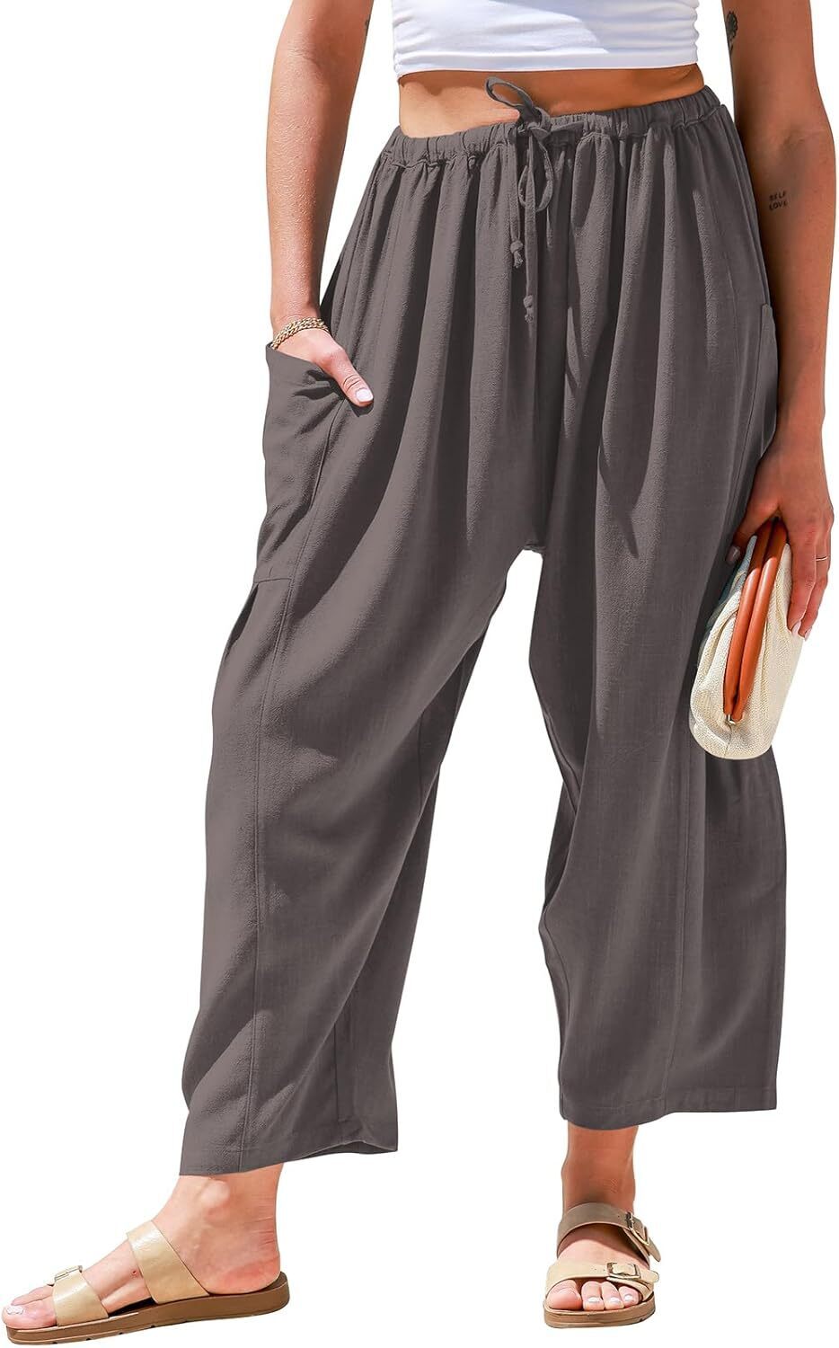 Womens Linen Wide Leg Pants Casual Loose Drawstring Low Waist Beach Palazzo Harem Pants with Pockets