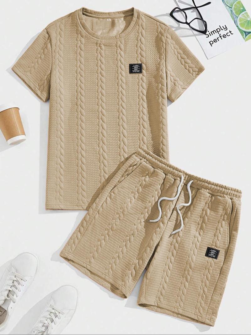 Men's Solid Textured Patched Tee & DrawstringWaist Shorts Set