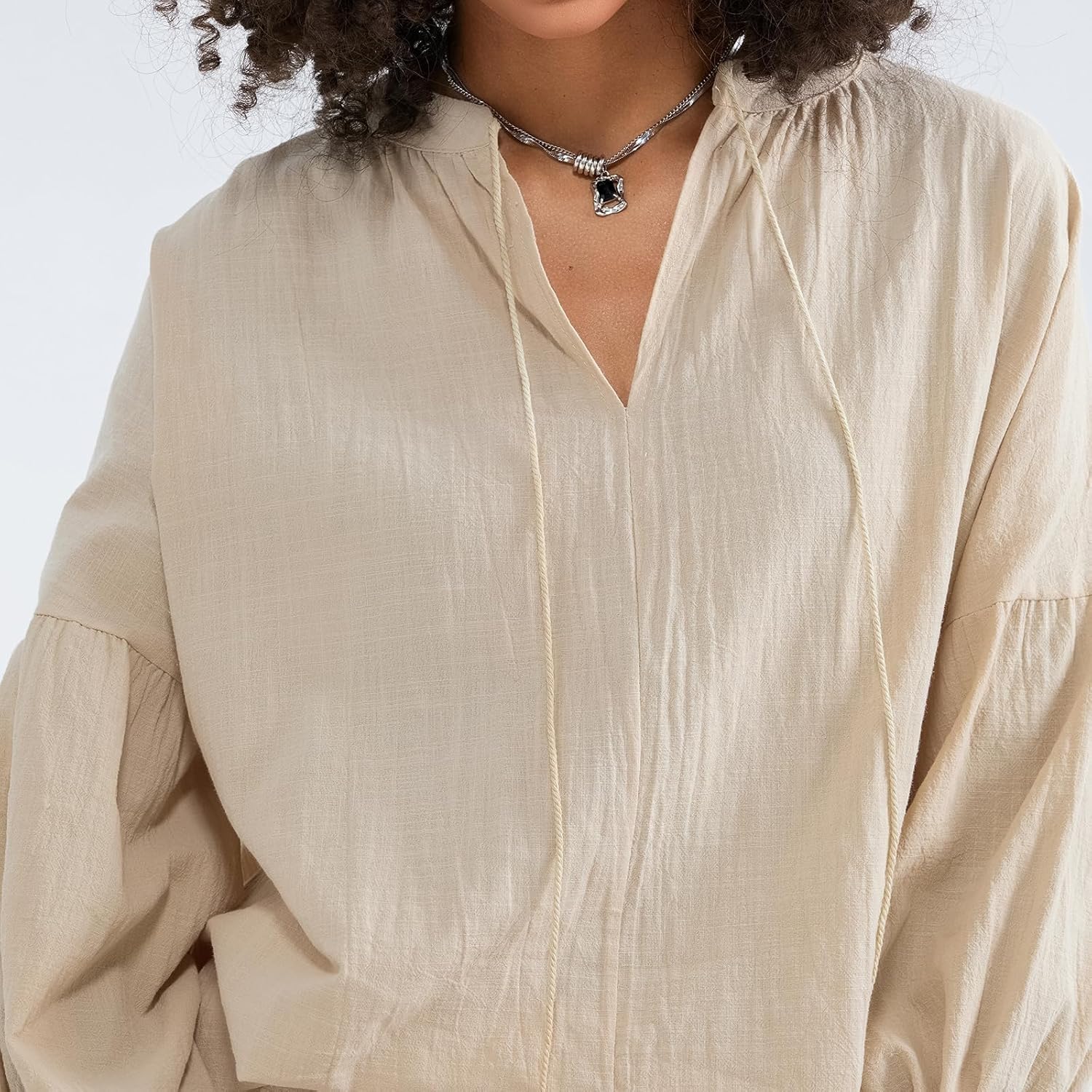 Linen Shorts Sets Women 2 Piece Outfits Long Sleeve Tie Front Tops and Ruffled Boxer Shorts Matching Lounge Sets