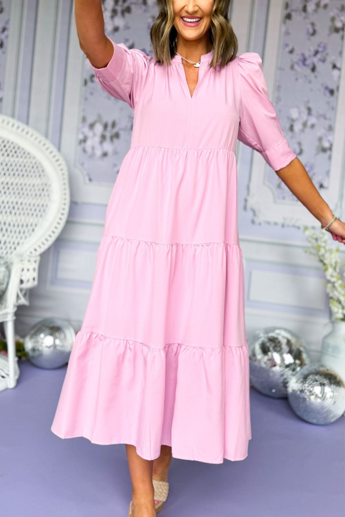 V-Nack Three Quarter Sleeve Tiered Midi Dress