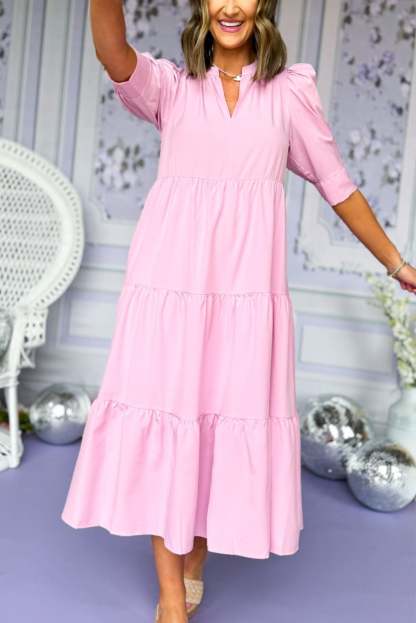 V-Nack Three Quarter Sleeve Tiered Midi Dress
