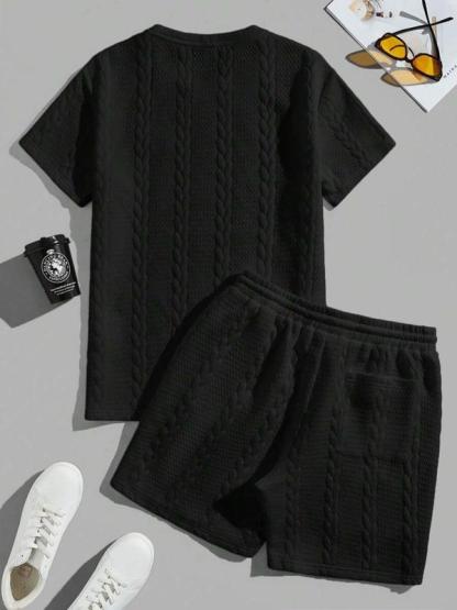 Men's Solid Textured Patched Tee & DrawstringWaist Shorts Set
