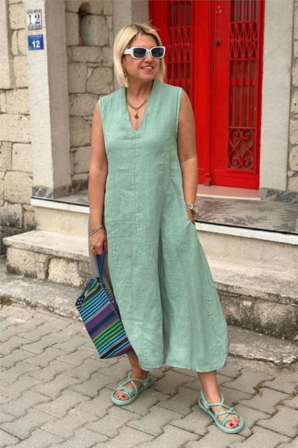 V Neck Back Detail Double Pocket Cotton Linen Dress