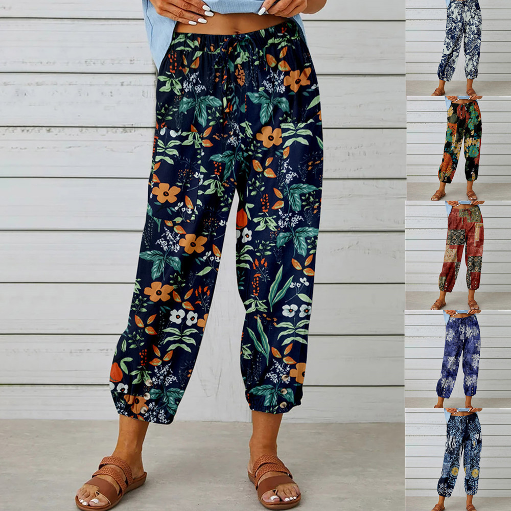 Women's Summer Capri Wide Leg Flower Pants