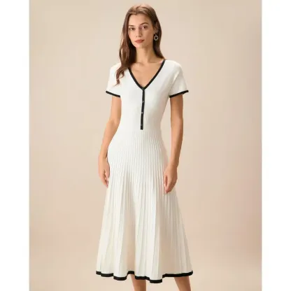 Women's White Contrasting Sweater Midi Dress