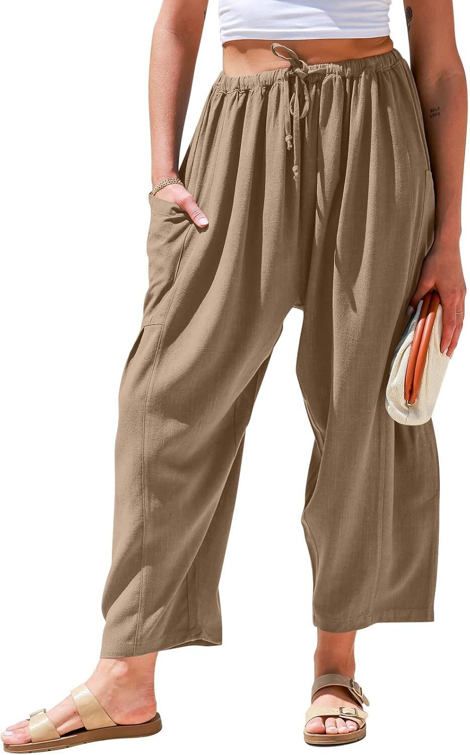 Womens Linen Wide Leg Pants Casual Loose Drawstring Low Waist Beach Palazzo Harem Pants with Pockets