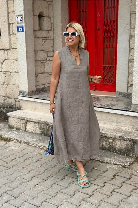 V Neck Back Detail Double Pocket Cotton Linen Dress