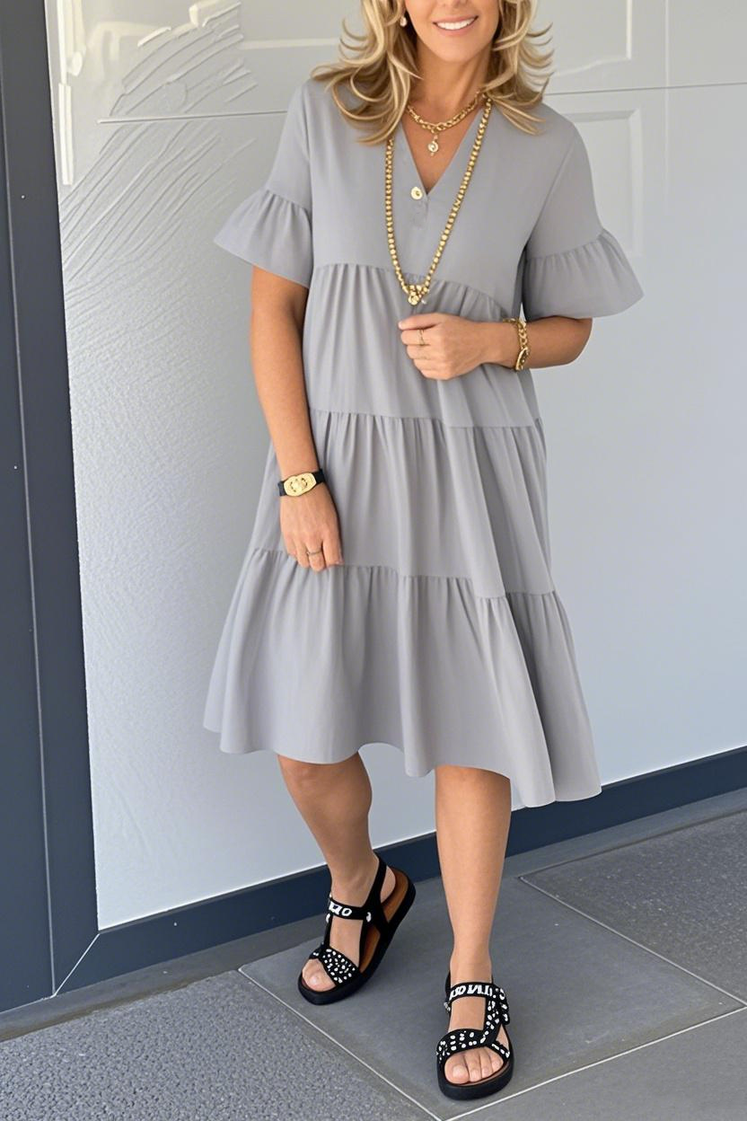 V-Neck BottonMaxi Dress With Pockets