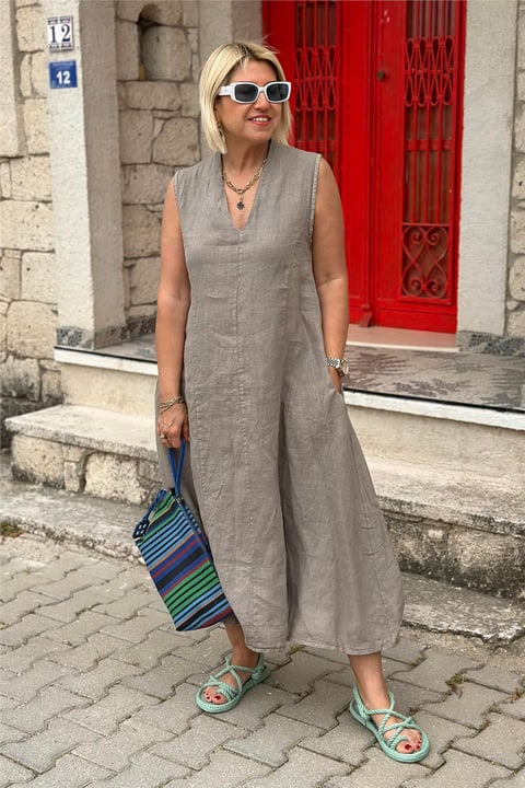 V Neck Back Detail Double Pocket Cotton Linen Dress