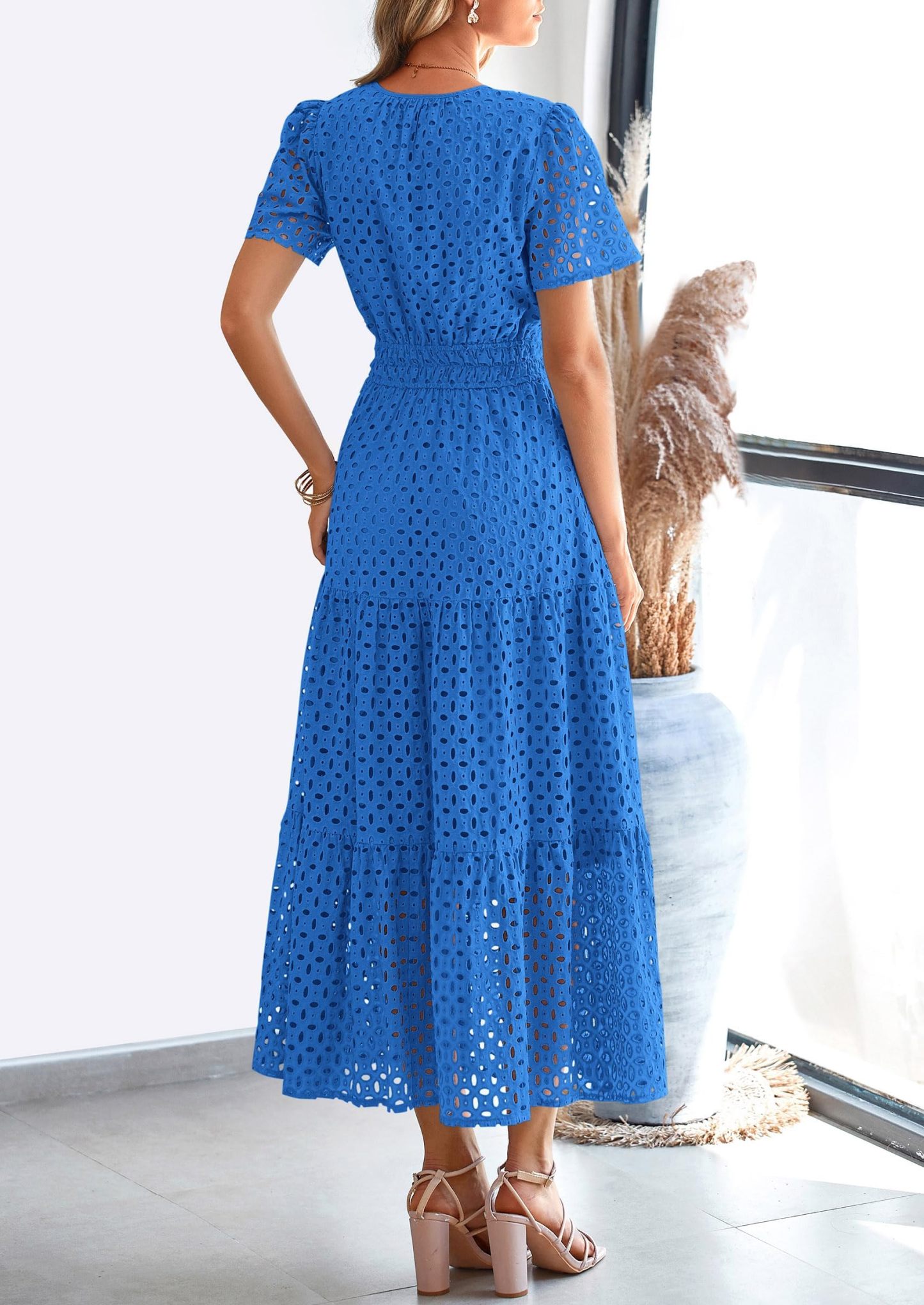 Summer Maxi Dress Short Sleeve V Neck Hollow Out Eyelet A Line Long Flowy Beach Vacation Dresses