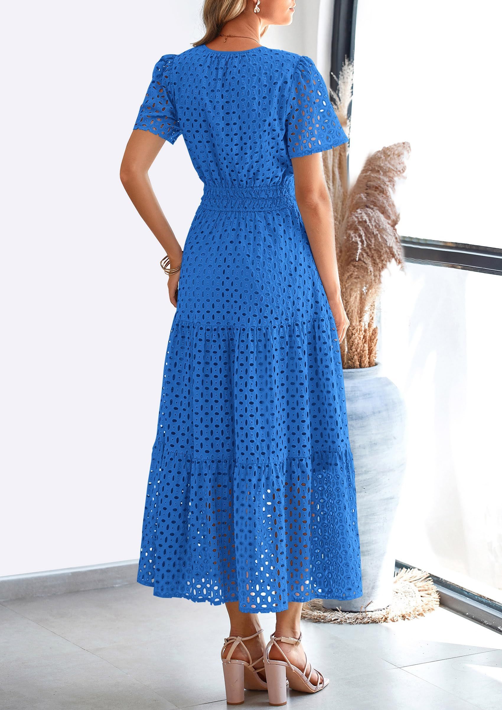 Summer Maxi Dress Short Sleeve V Neck Hollow Out Eyelet A Line Long Flowy Beach Vacation Dresses