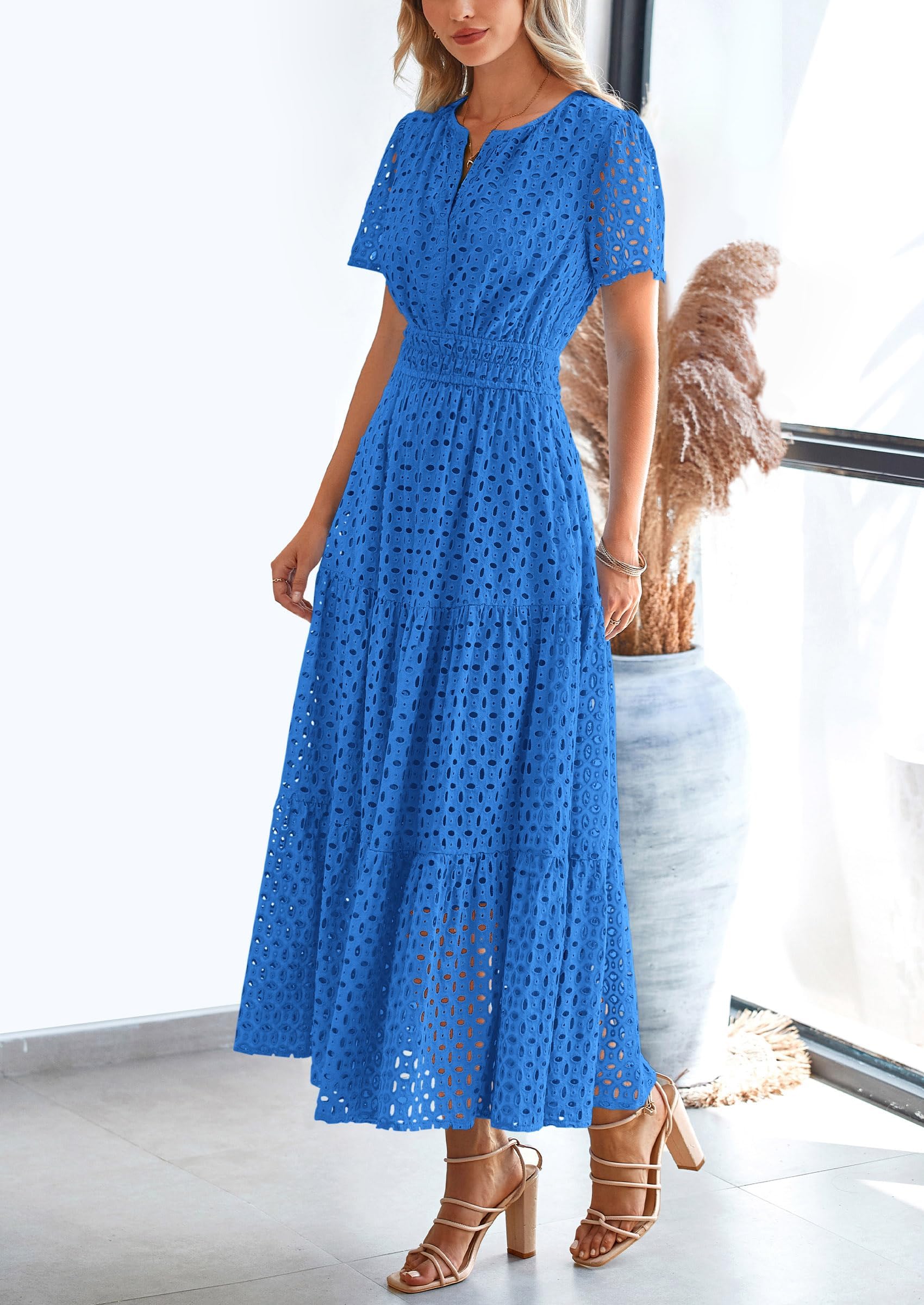 Summer Maxi Dress Short Sleeve V Neck Hollow Out Eyelet A Line Long Flowy Beach Vacation Dresses