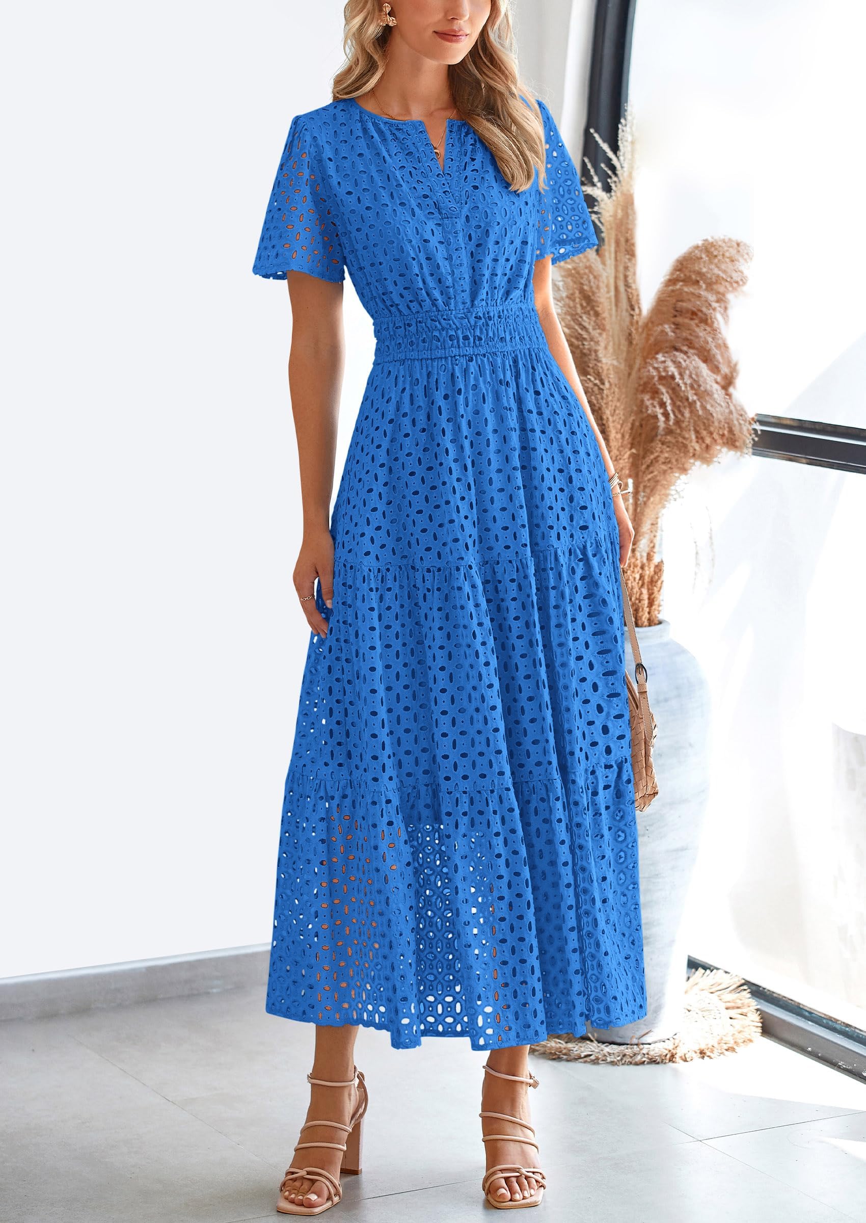 Summer Maxi Dress Short Sleeve V Neck Hollow Out Eyelet A Line Long Flowy Beach Vacation Dresses