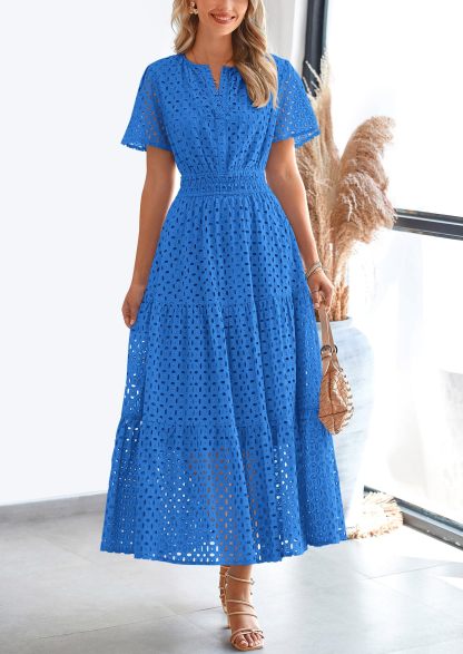 Summer Maxi Dress Short Sleeve V Neck Hollow Out Eyelet A Line Long Flowy Beach Vacation Dresses
