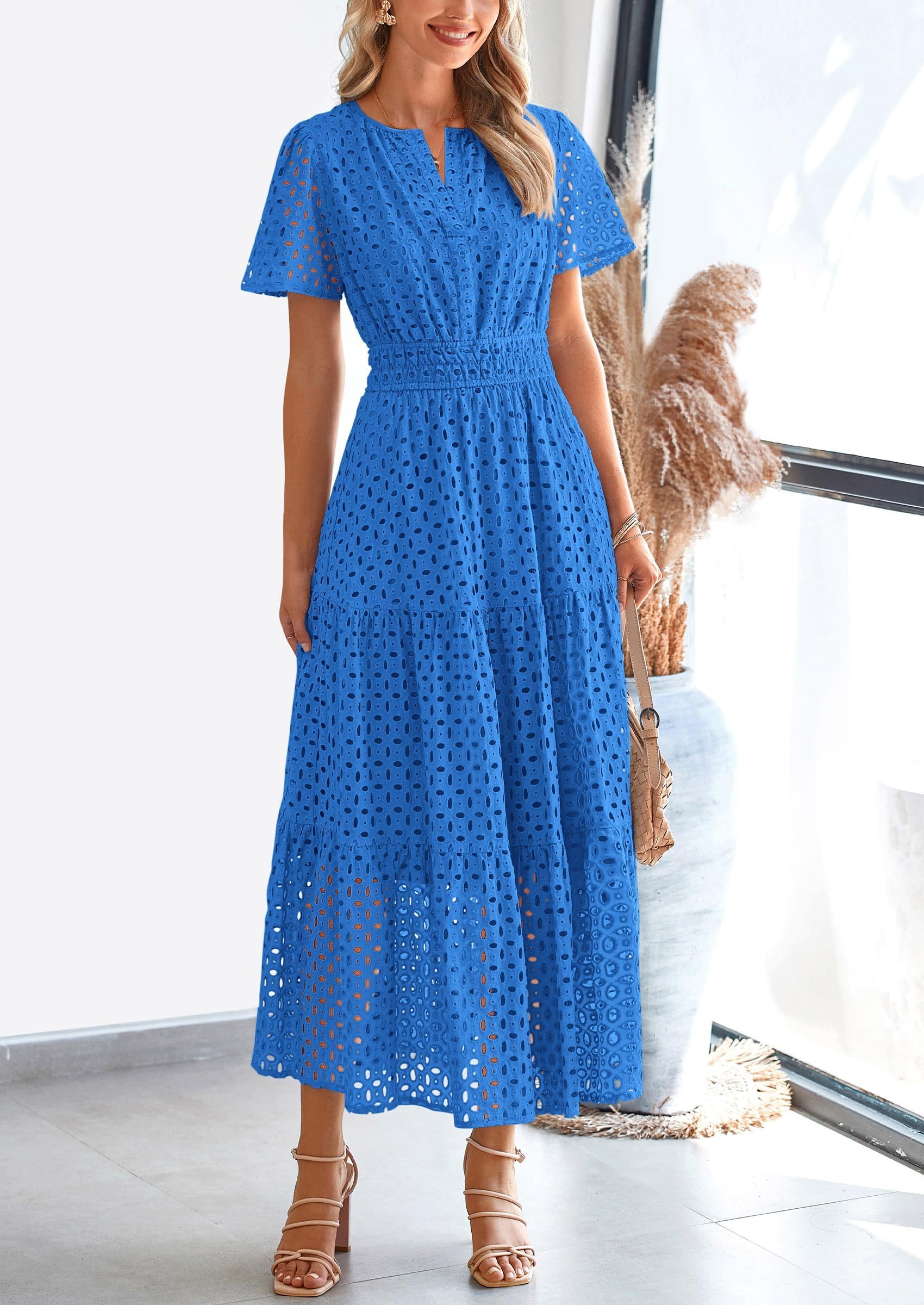 Summer Maxi Dress Short Sleeve V Neck Hollow Out Eyelet A Line Long Flowy Beach Vacation Dresses