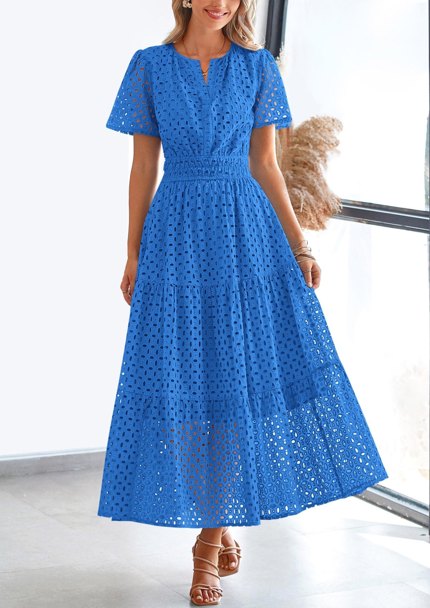 Summer Maxi Dress Short Sleeve V Neck Hollow Out Eyelet A Line Long Flowy Beach Vacation Dresses