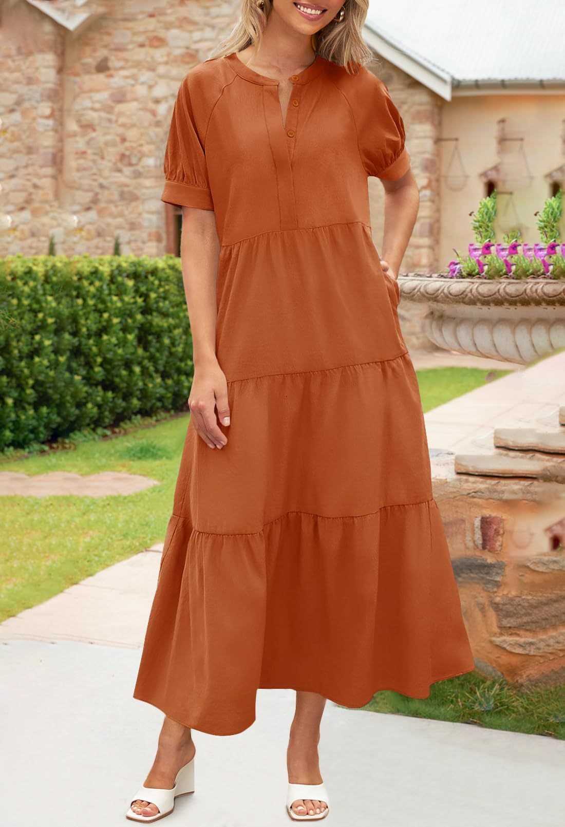 Button Front Tiered Short Sleeve Maxi Dress