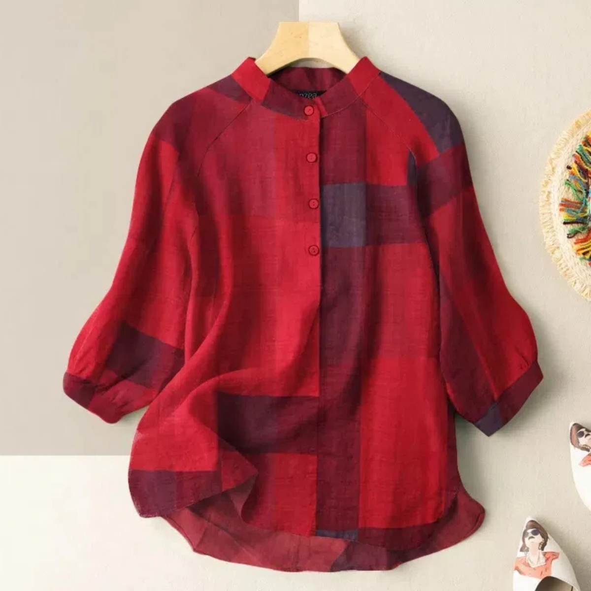 2024 women's cotton & linen casual plaid printed tops