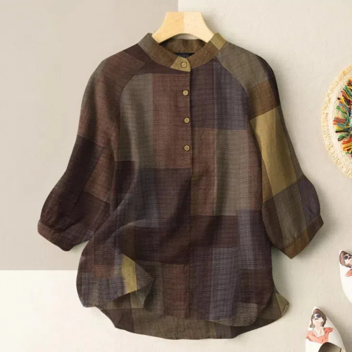 2024 women's cotton & linen casual plaid printed tops