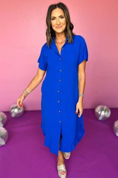 Button Down Short Kimono Sleeve Curved Hemline Midi Dress