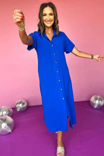 Button Down Short Kimono Sleeve Curved Hemline Midi Dress