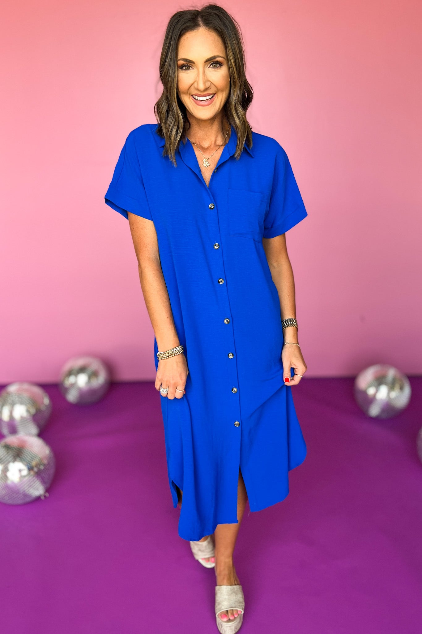 Button Down Short Kimono Sleeve Curved Hemline Midi Dress