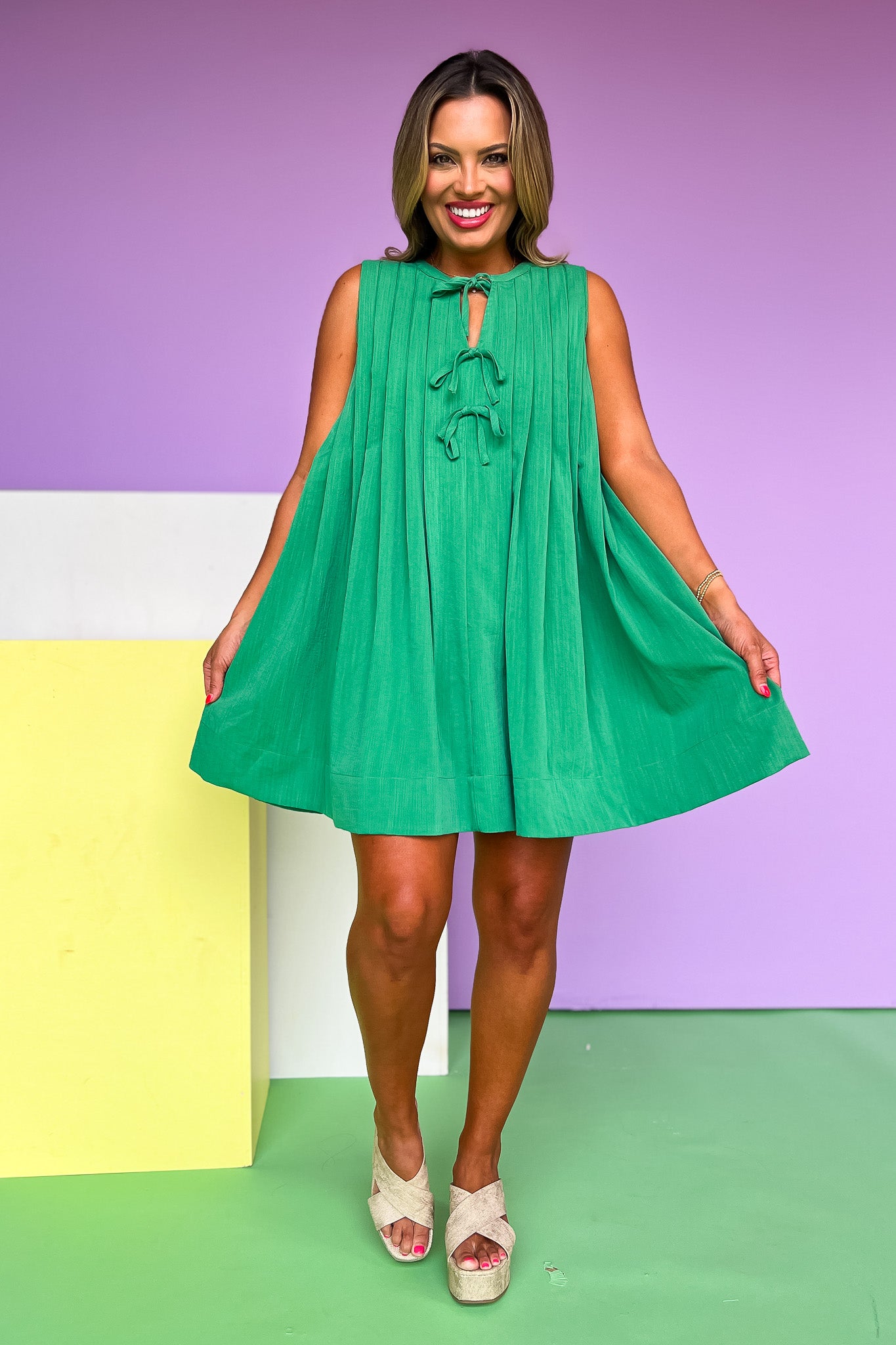 Pleated Round Neck Bow Tie Closure Sleeveless Dress