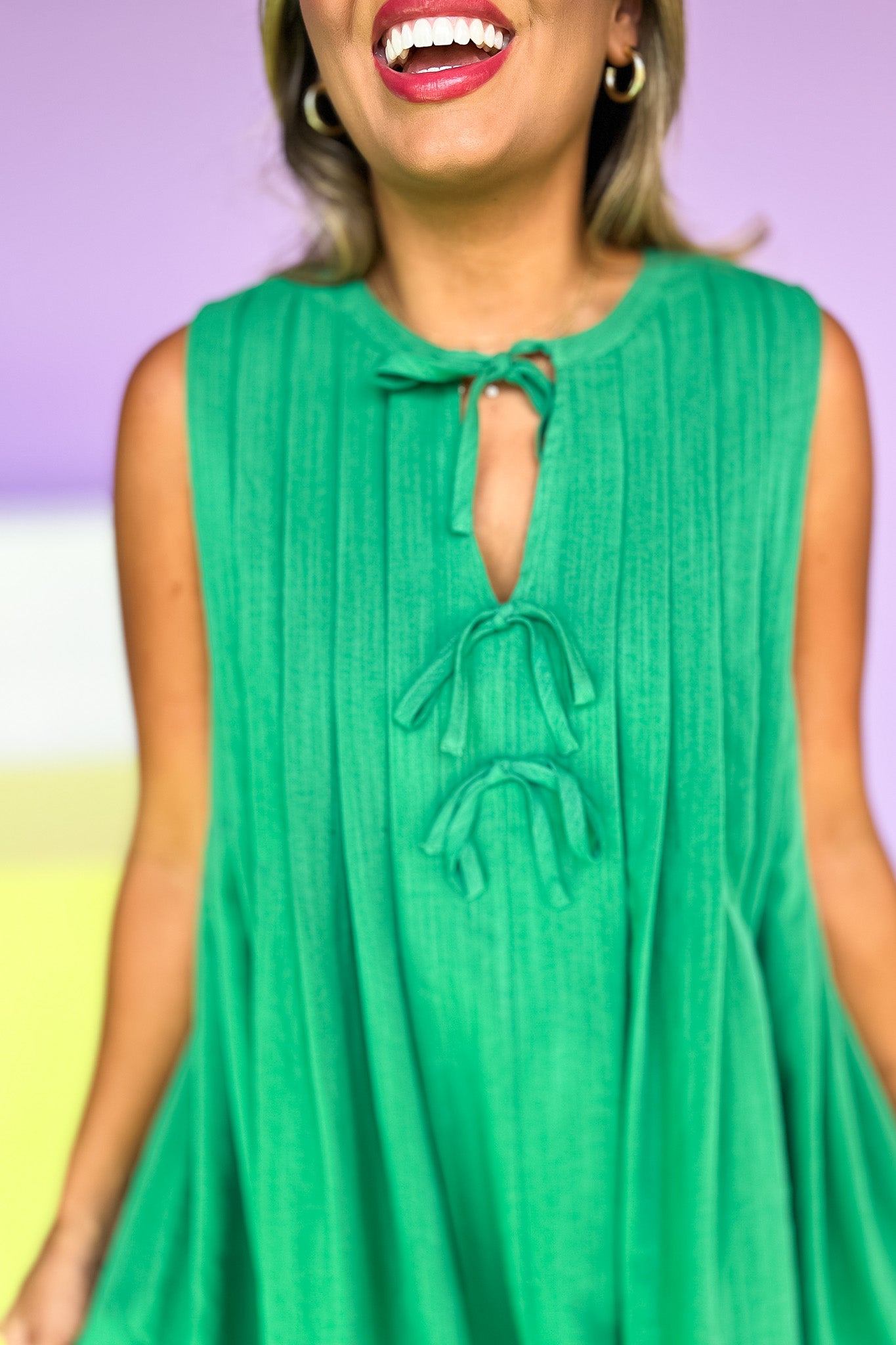 Pleated Round Neck Bow Tie Closure Sleeveless Dress