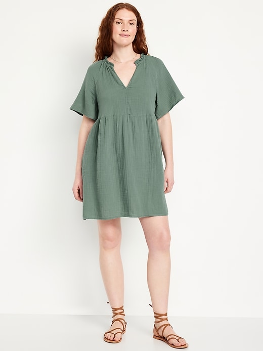 Split-Neck Crinkle Gauze Mini Swing Dress