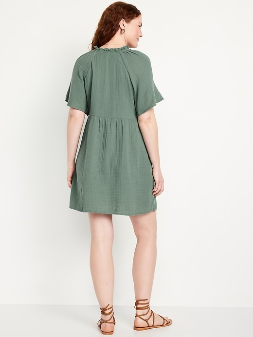 Split-Neck Crinkle Gauze Mini Swing Dress