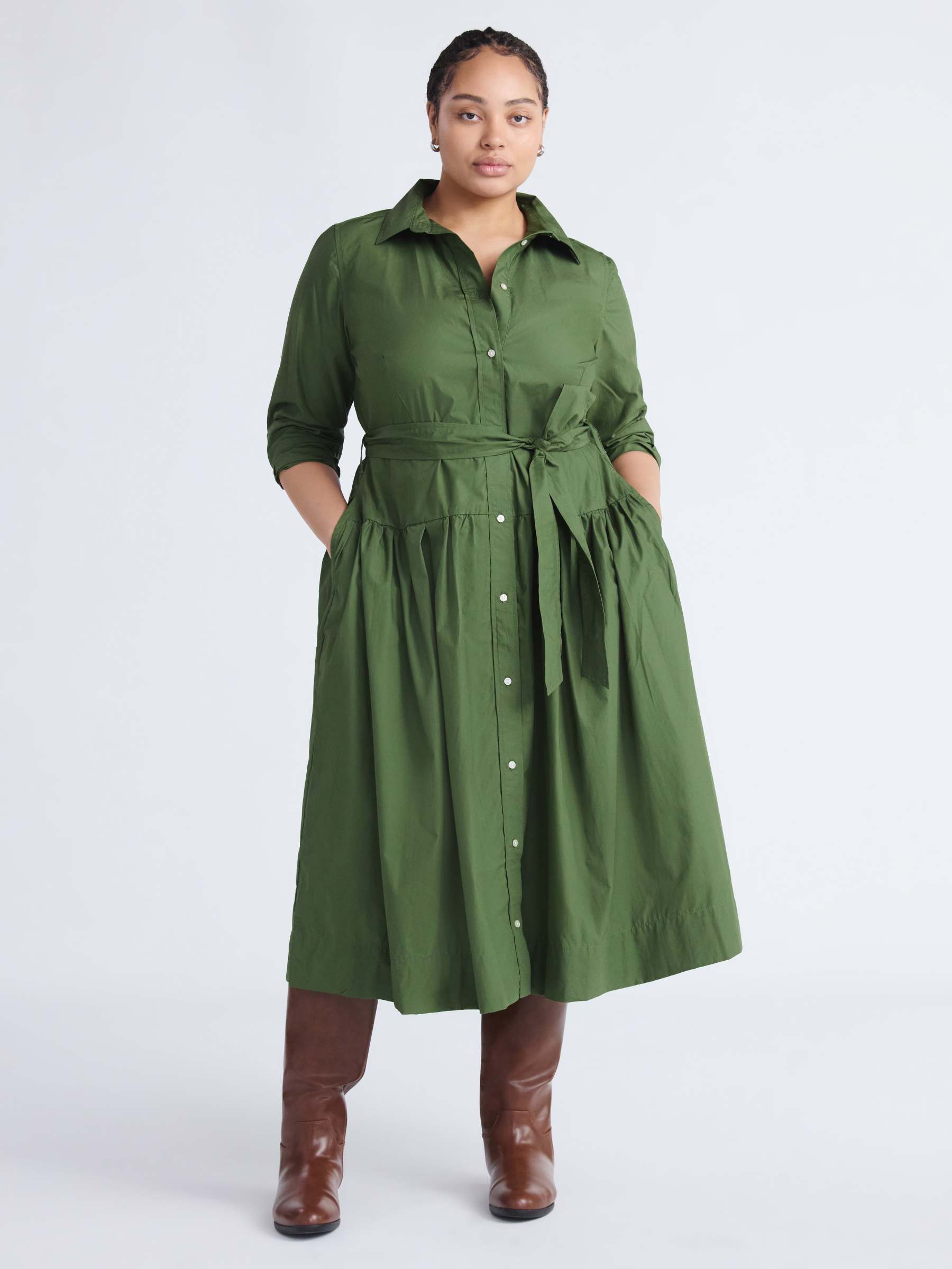 Long-Sleeve Belted Cotton Maxi 