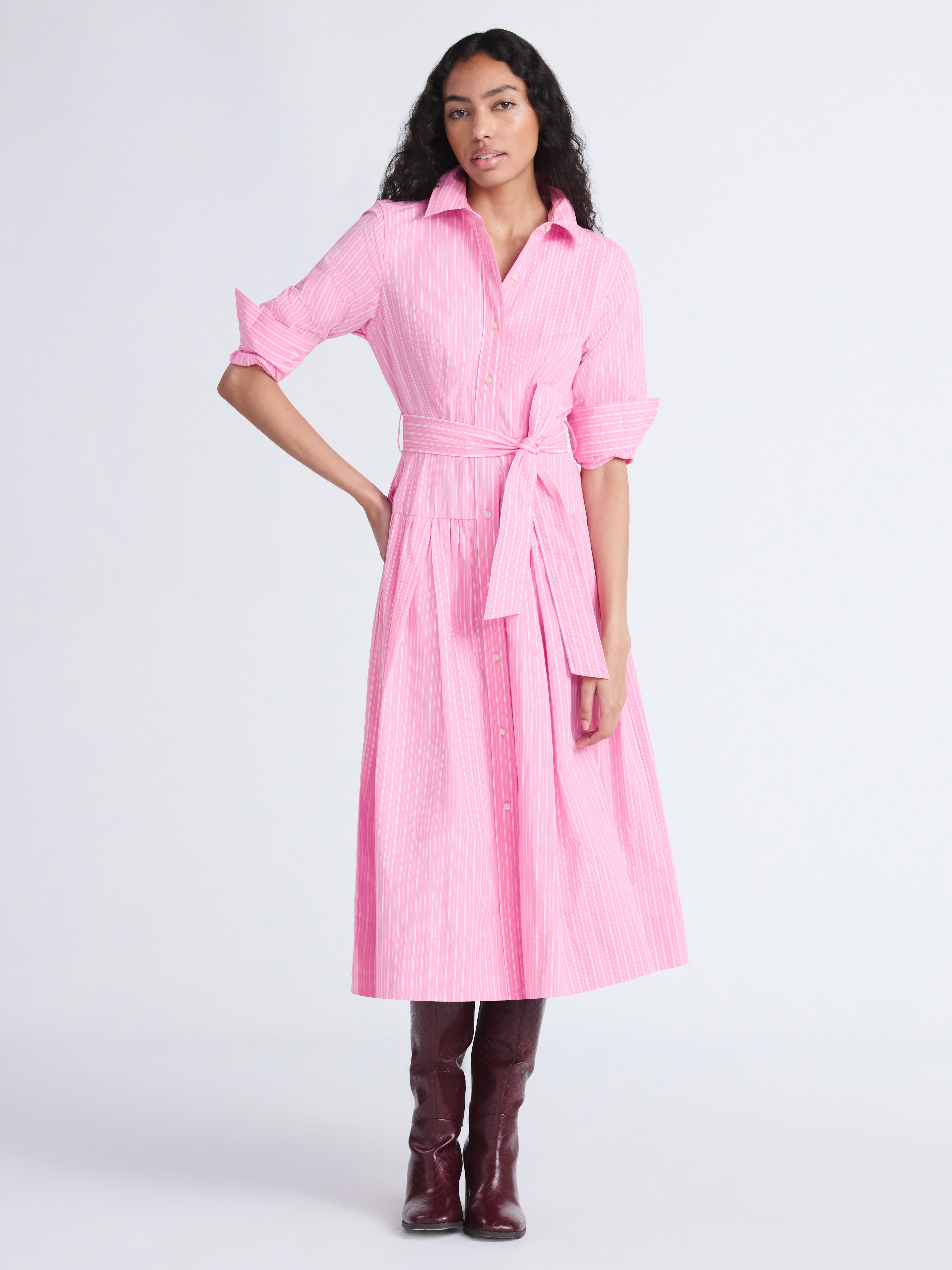Long-Sleeve Belted Cotton Maxi 