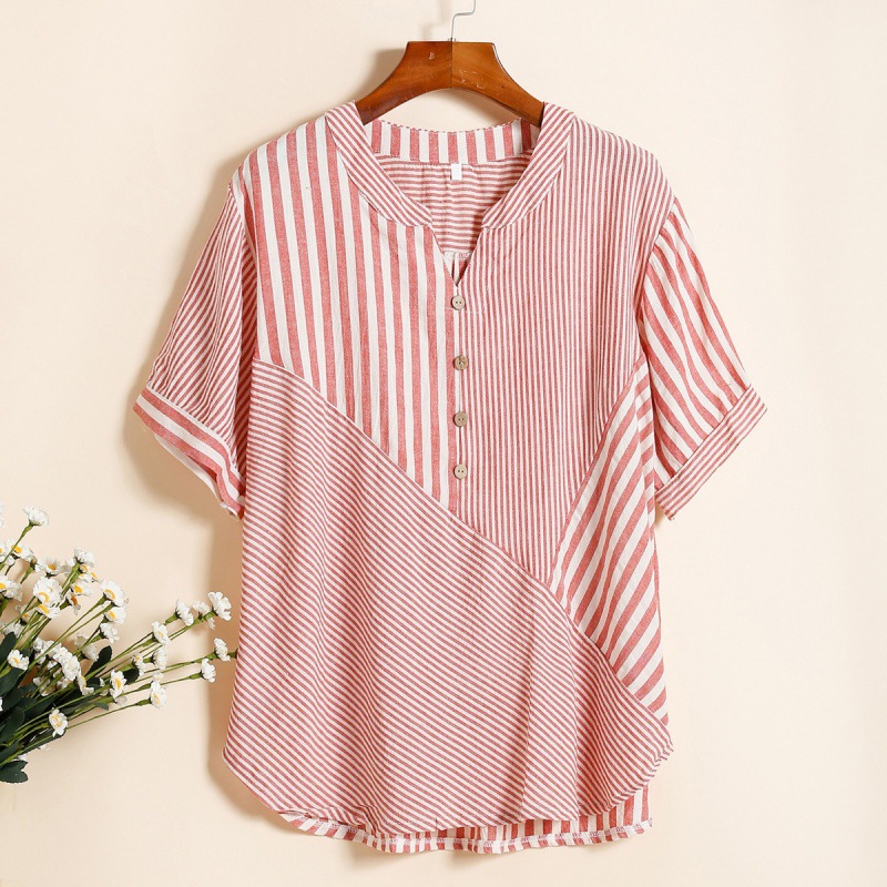 2024 new summer comfort cotton & linen asymmetrical stripe stitching V-neck shirt top