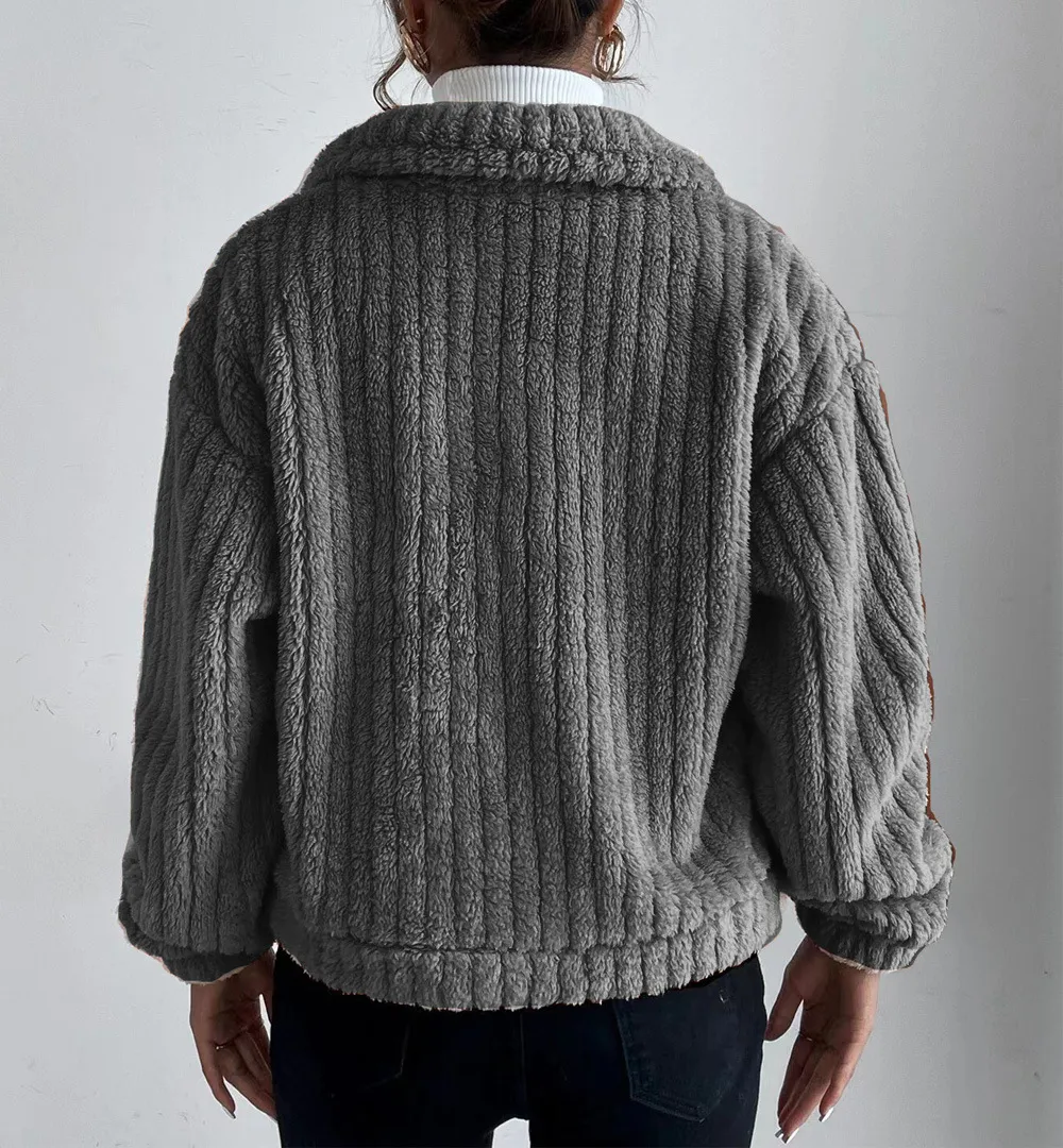 SHORT JACKET LAPEL ZIPPER WINTER COAT WARM PLUSH FLEECE ZIPPER CASUAL COAT TOP WITH POCKET