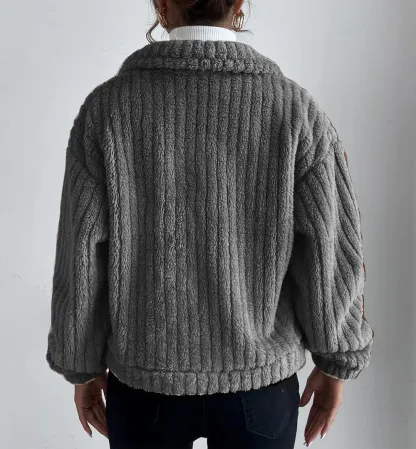 SHORT JACKET LAPEL ZIPPER WINTER COAT WARM PLUSH FLEECE ZIPPER CASUAL COAT TOP WITH POCKET