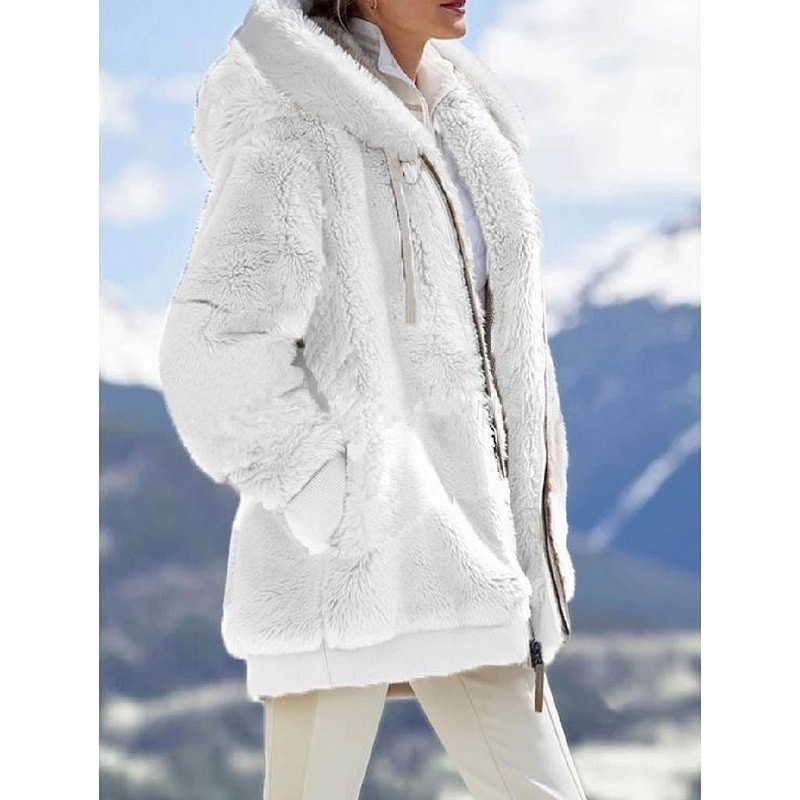 2024New fall/winter loose plush zipper hooded coat