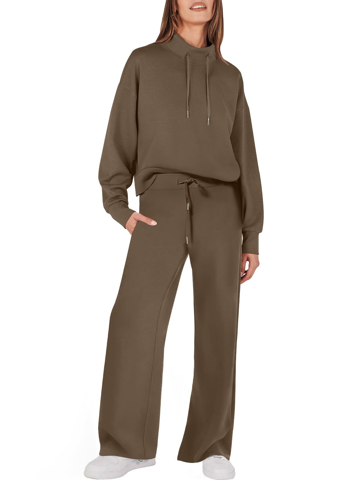 Womens 2 Piece Outfits Sweatsuit Set 2023 Fall Drawstring Sweatshirt Wide Leg Sweatpant Lounge Set Tracksuit