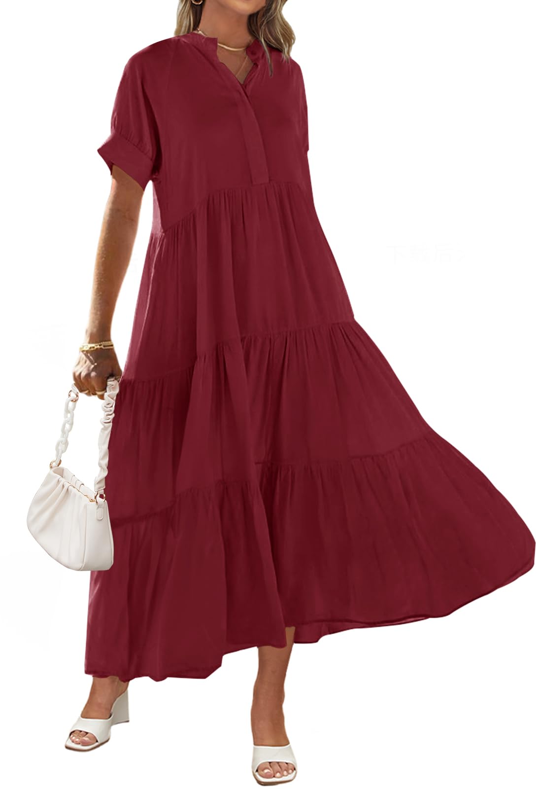 Button Front Tiered Short Sleeve Maxi Dress With Pockets